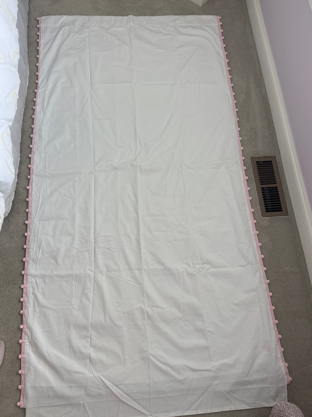 Set of Two Pottery Barn Kids Blackout Curtains with Pink Pom Pom Trim - 84”